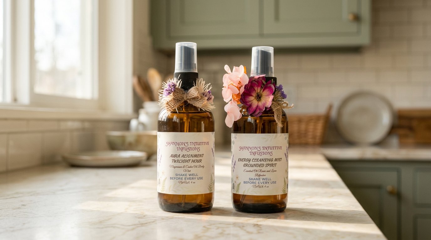 Amber glass spray bottles and dried lavender on a sunlit kitchen counter