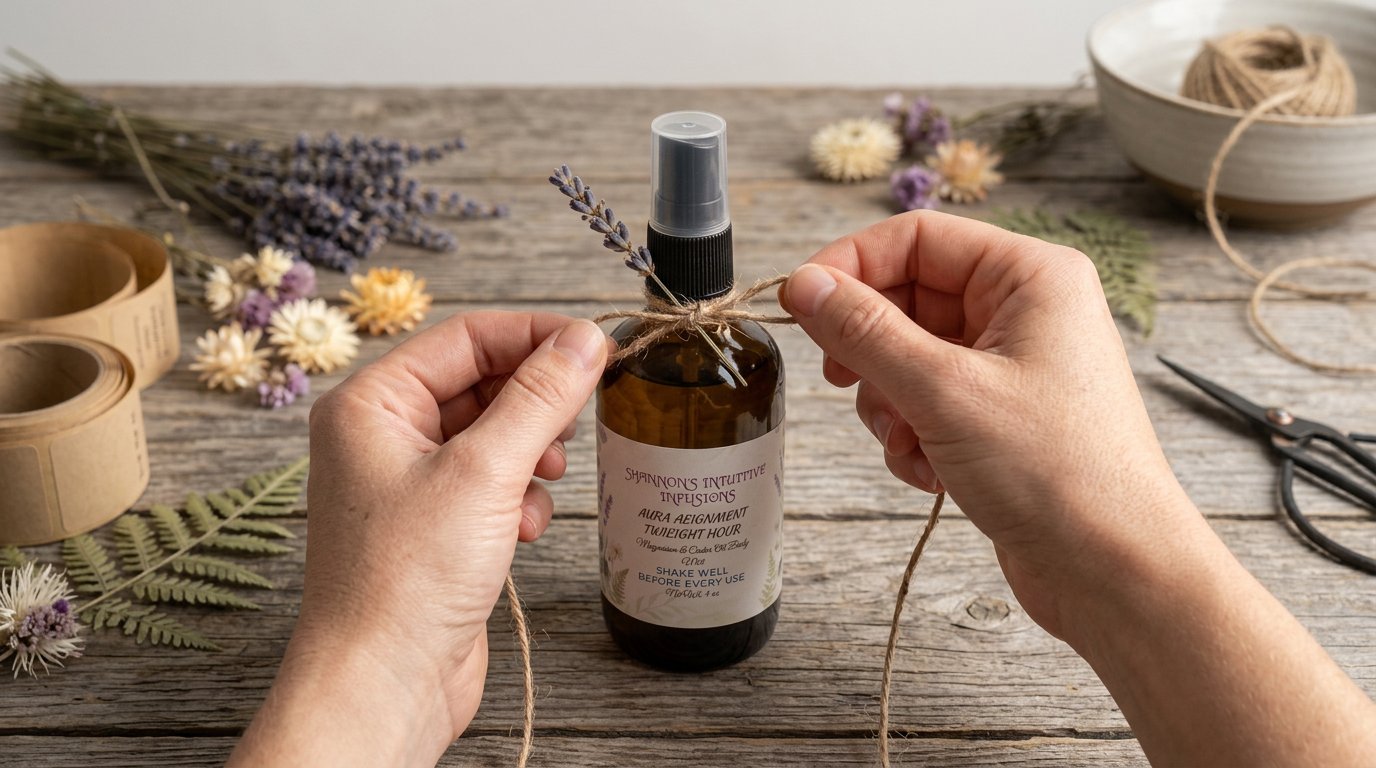 Shannon tying dried florals and twine onto a handmade amber bottle