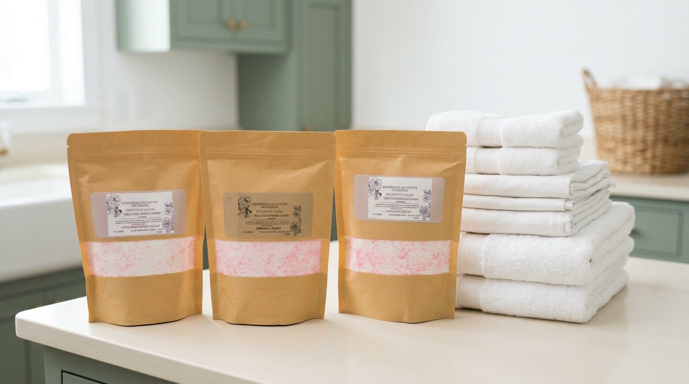 Folded white linens beside a kraft pouch of small batch laundry powder